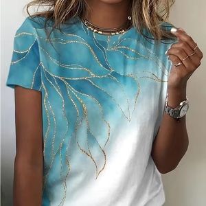 NEW  Beautiful Sea Foam Green, White And Gold Color Block Top With Crew Neckline